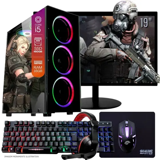 Computador PC Gamer Completo TOB Intel Core i5 SSD 480GB 16GB Teclado Mouse Mouse Pad e Headset Gamer Monitor 19" Windows 10 Pro Trial - TOB COMPUTERS