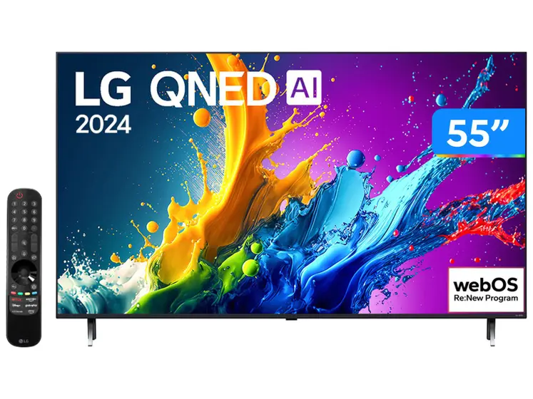 Smart TV 55" 4K QNED LG 55QNED80TSA WebOS 24 Processador α5 Ger7 Wi-Fi Bluetooth com Alexa e Chromecast 3 HDMI 2 USB