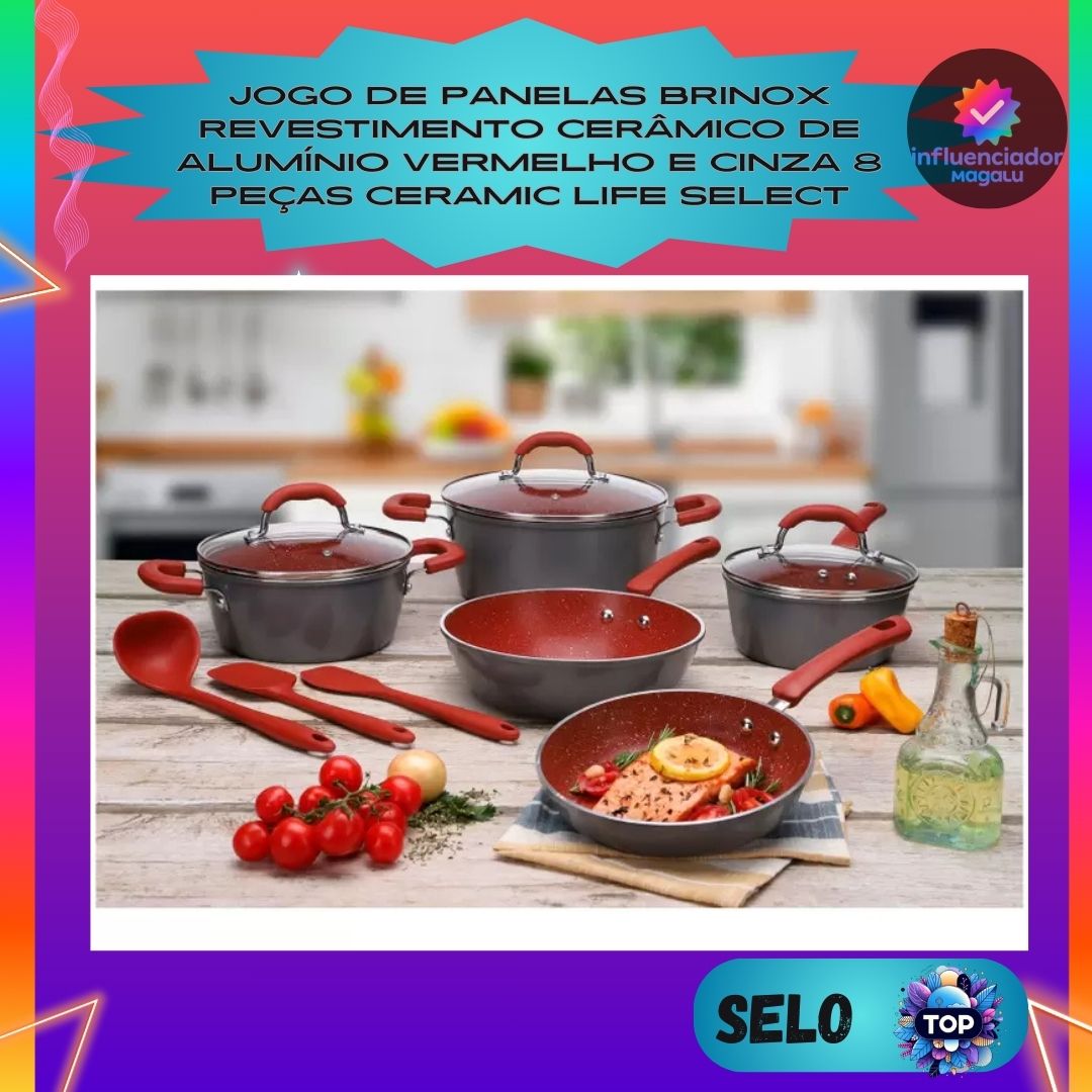 Jogo de Panelas Brinox Revestimento Cerâmico de Alumínio Vermelho e Cinza 8 Peças Ceramic Life Select